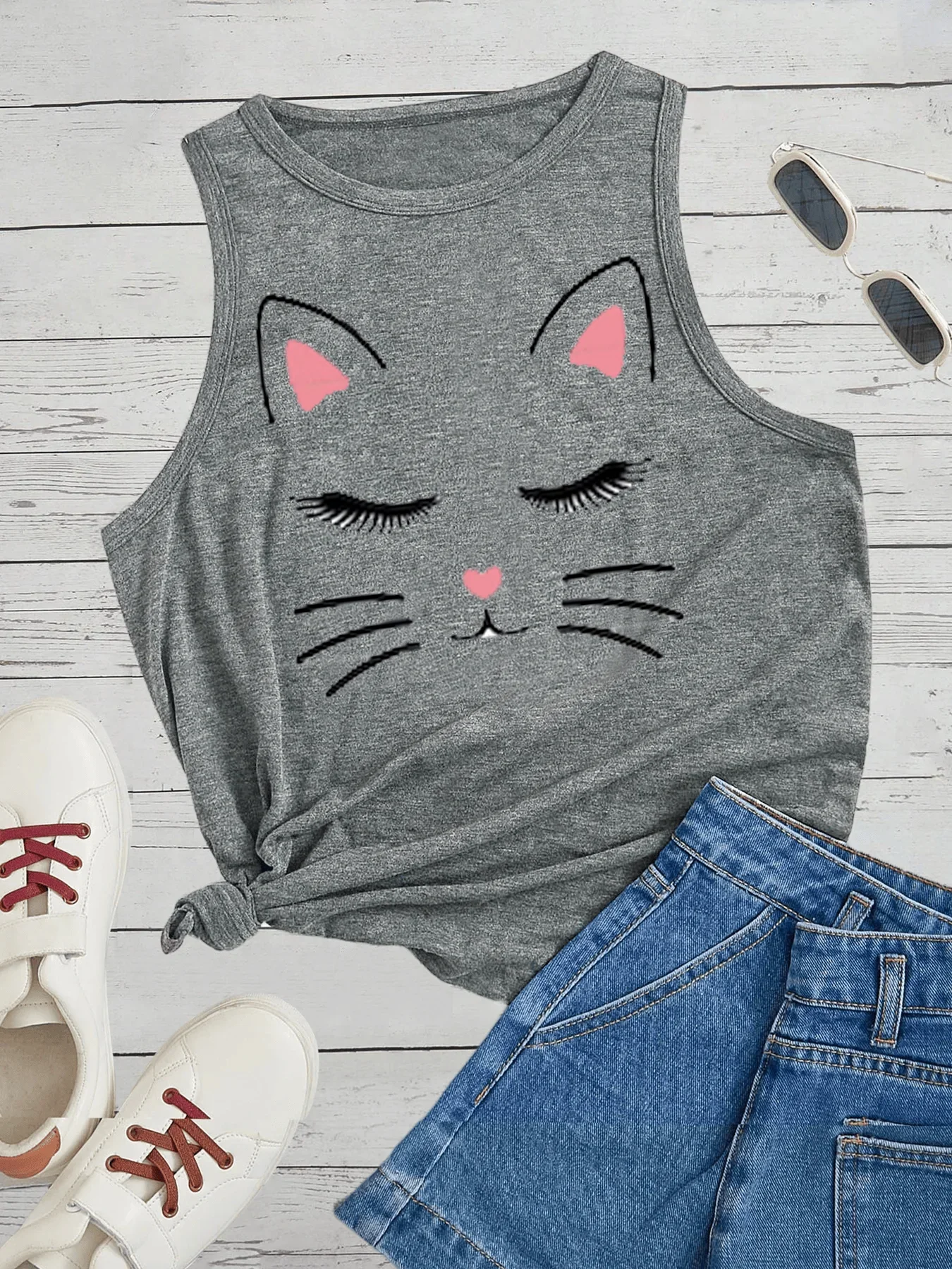 Sketch Style Happy Cat Loose O Neck Sleeveless Casual Women's Tank Top