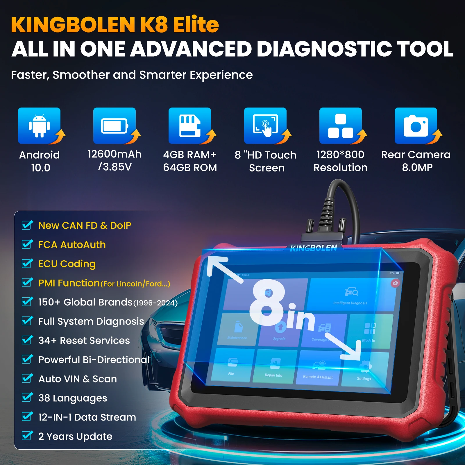 2025 Kingbolen K8 Elite أداة المسح الضوئي ثنائية الاتجاه، 34+ خدمات، ترميز وحدة التحكم الإلكترونية، الماسح الضوئي التشخيصي للنظام الكامل، دعم CANFD & DoIP، FCA #2
