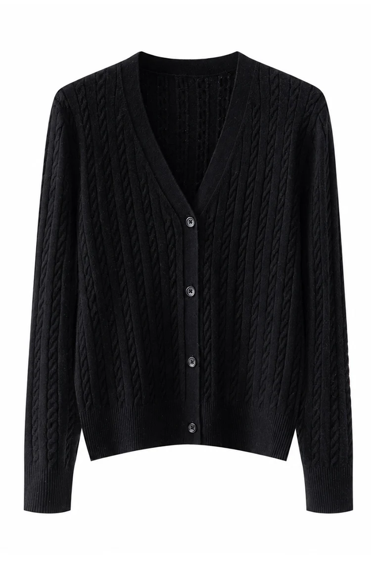 MZ62011 Damen Elegante V-Ausschnitt Zopfmuster Langarm-Strickjacke mit Knöpfen, Locker Geschnitten, Einfarbig, Modal-Mischung, Frühherbst-Pullover – Detail 5