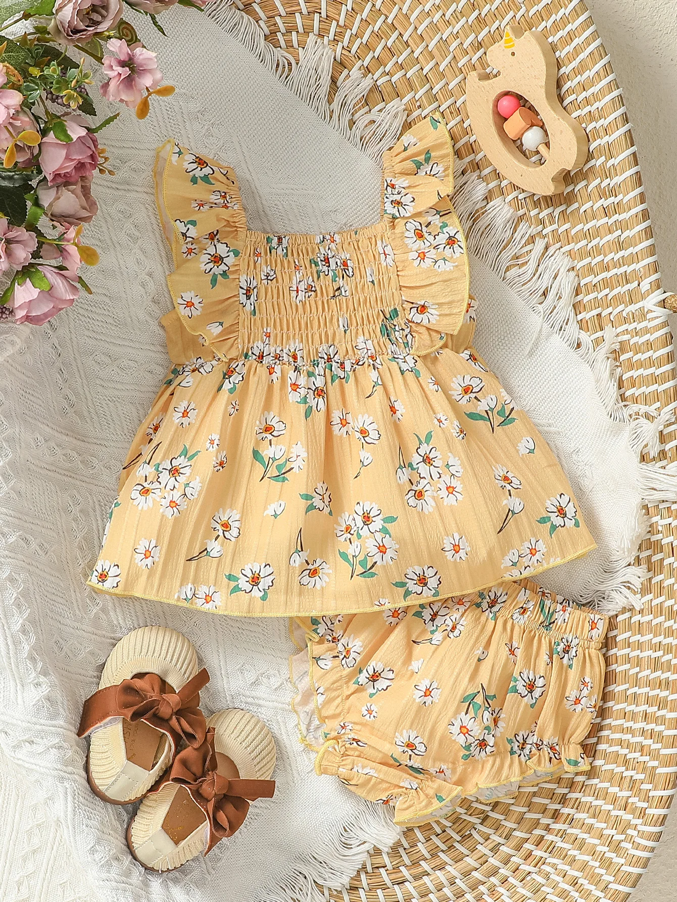 Baby Girls Cute  Autumn Chrysanthemum printed sleeveless summer leisure two-piece set