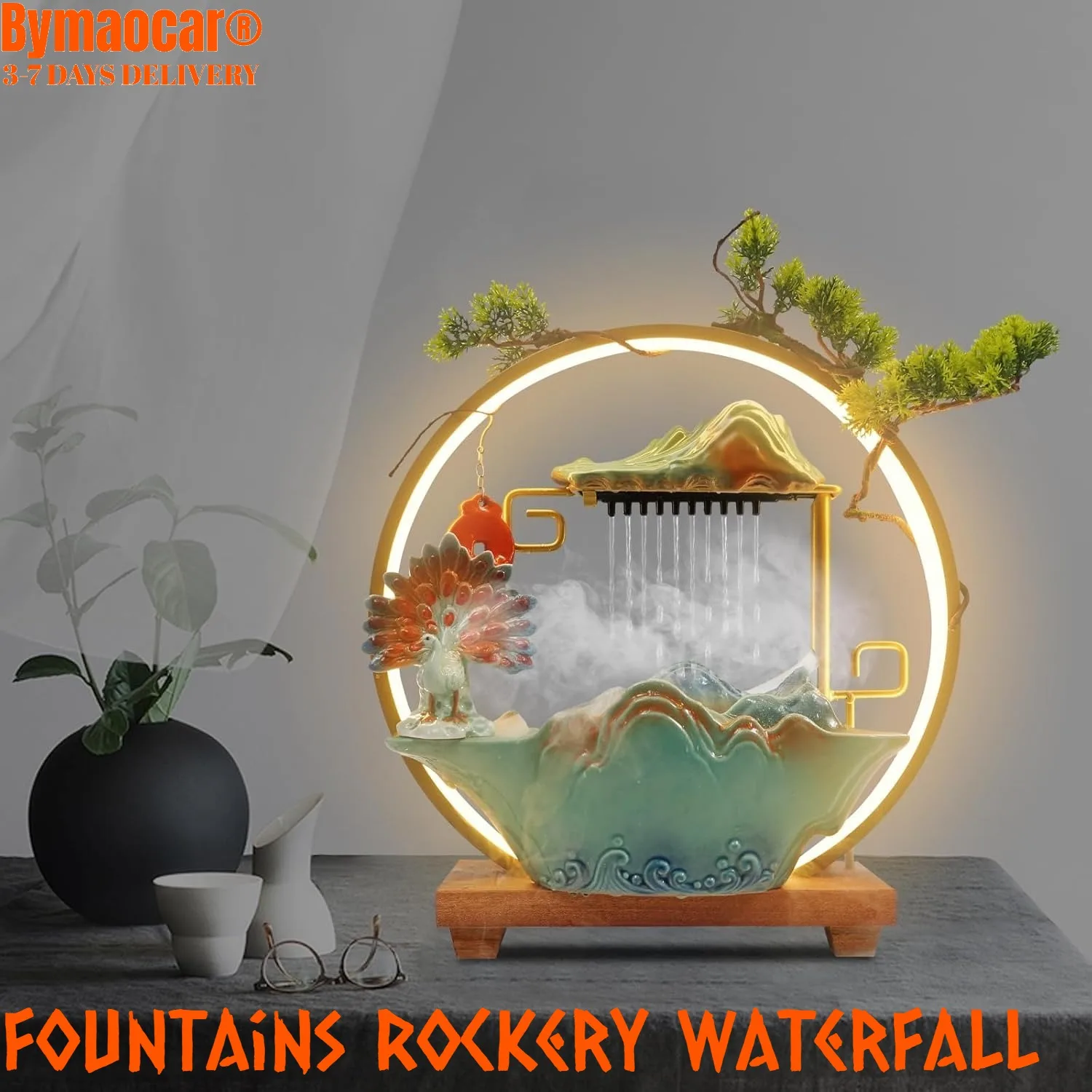 

Rockery Tabletop Feng Shui Water Fountain with Led Light Mist, Indoor Home Desktop Decoration for Good Luck Wealth Meditation