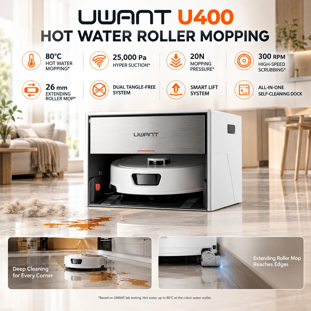 Robot Aspiradora robot UWANT U400, 25000 Pa de hiperaspiración, rodillo de mopa con agua caliente a 80 °C, 20 N de presión, 300 RPM