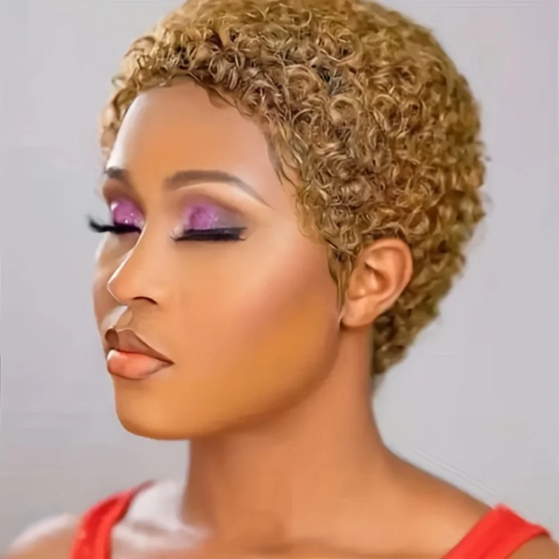 Pixie curto cortou perucas encaracoladas do cabelo humano para mulheres, máquina completa feita, cor preta natural do Afro Kinky