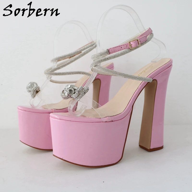 

Sorbern Pink Block High Heel Women Sandals Crystal Ankle Straps Bowknot Slingback Thick Platform Chunky Heels 16cm Shoes Custom