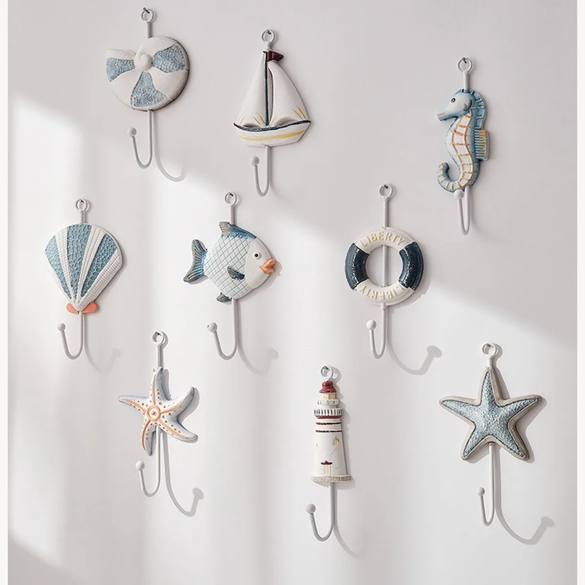 Mediterranean Wall Hooks 3pc Sets Nautical Iron Resin Coat Key Hanger Coastal Decor