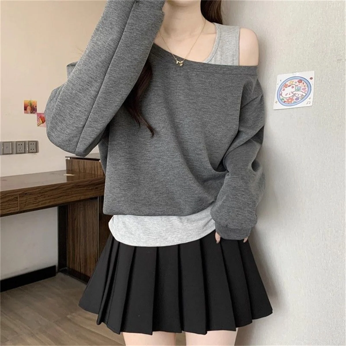 Solide Zweiteilige Unregelmäßige Kontrast-Trend-Oberteile Frühling Herbst Locker Sitzende Alltagstaugliche Street-Casual-T-Shirts Modische Lässige Damenkleidung – Detail 15