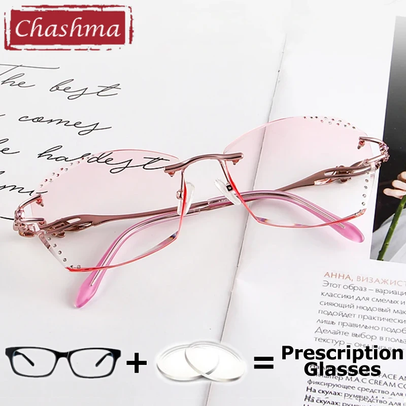 

Women Myopia Eyeglasses Rimless Titanium Tint Sunglasses Prescription Lenses for Reading Stones Gradient Color Multifocal Glass