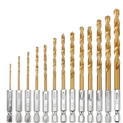 13Pcs Titanium Drill Bits Hexagonal Drill Bits Set, HSS Hexagon Shank Twist Drill Bits Set for Wood, Plastic, Metal
