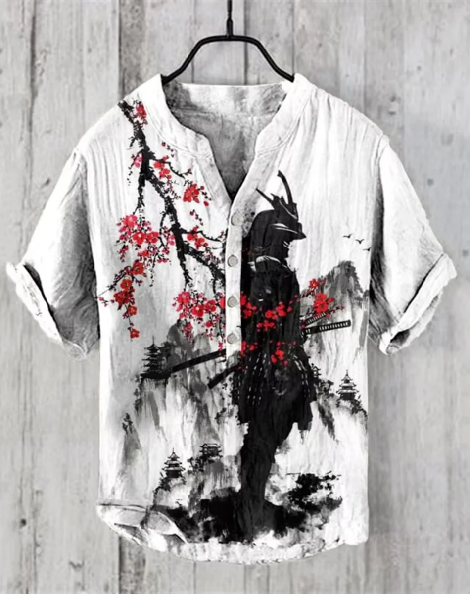 越境直販パーソナライズされたアニメ 3D 印刷カジュアル半袖リネンシャツメンズルーズユース文学シャツ高速