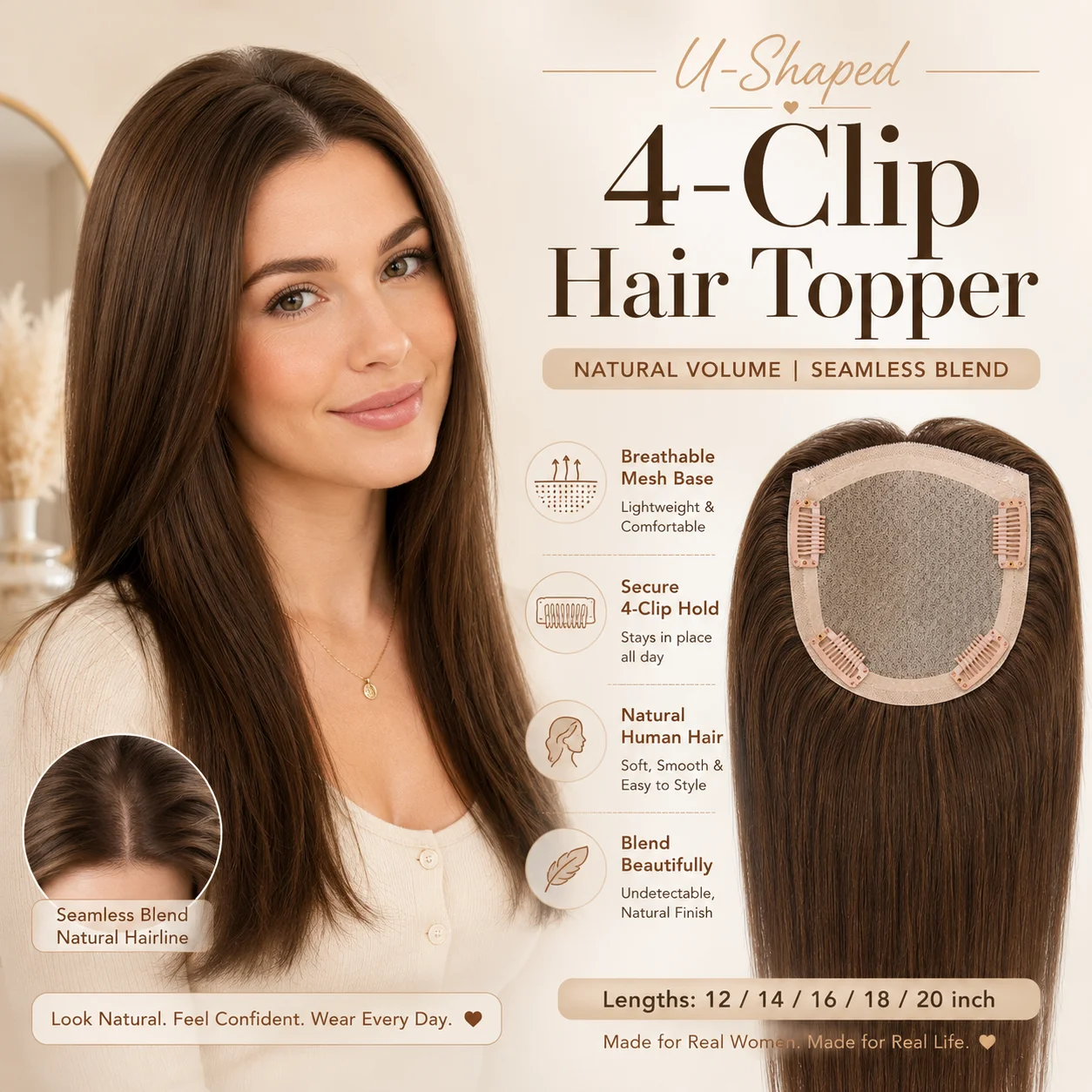 TUW19 Silk Clip-in Hair Topper for Women Remy Human Hair Piece Natural Looking Hair Extensions Human Hair Toppers for Women