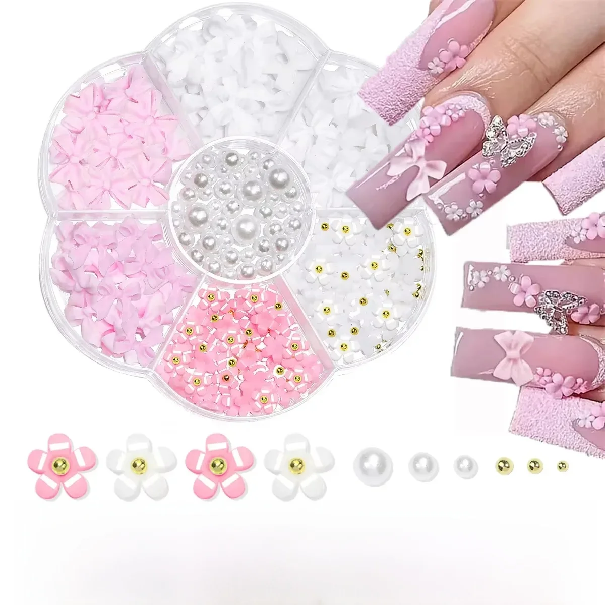 Mélange acrylique nœud papillon 3D Nail Art décorations fleur résine breloques or perles Caviar perle mixte strass accessoires ensemble