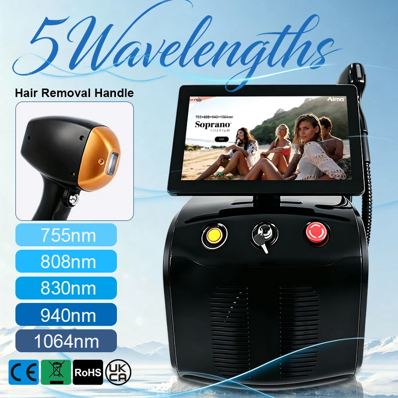 5000W 5 Wavelength 755 808 830 940 1064nm FAC Fast Axis Collimation Tech 10 Bars Genuine Sapphire Salon Hair Reduction Machine