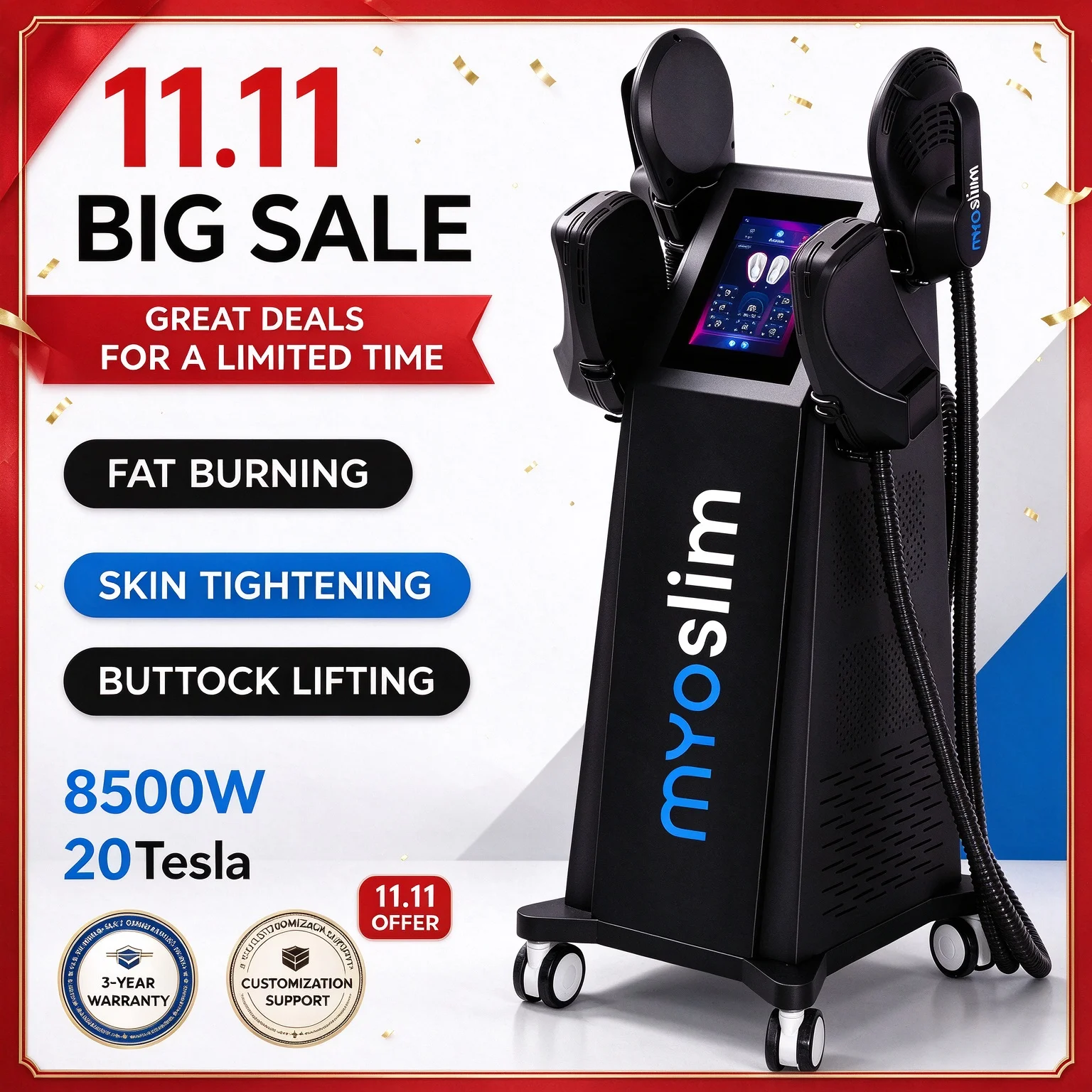 Myoslim New 8500W 20Tesla EMS Muscle Stimulator Machine Fat Burning Lose Weight Fast Body Sculpting Massager Devices For Salon