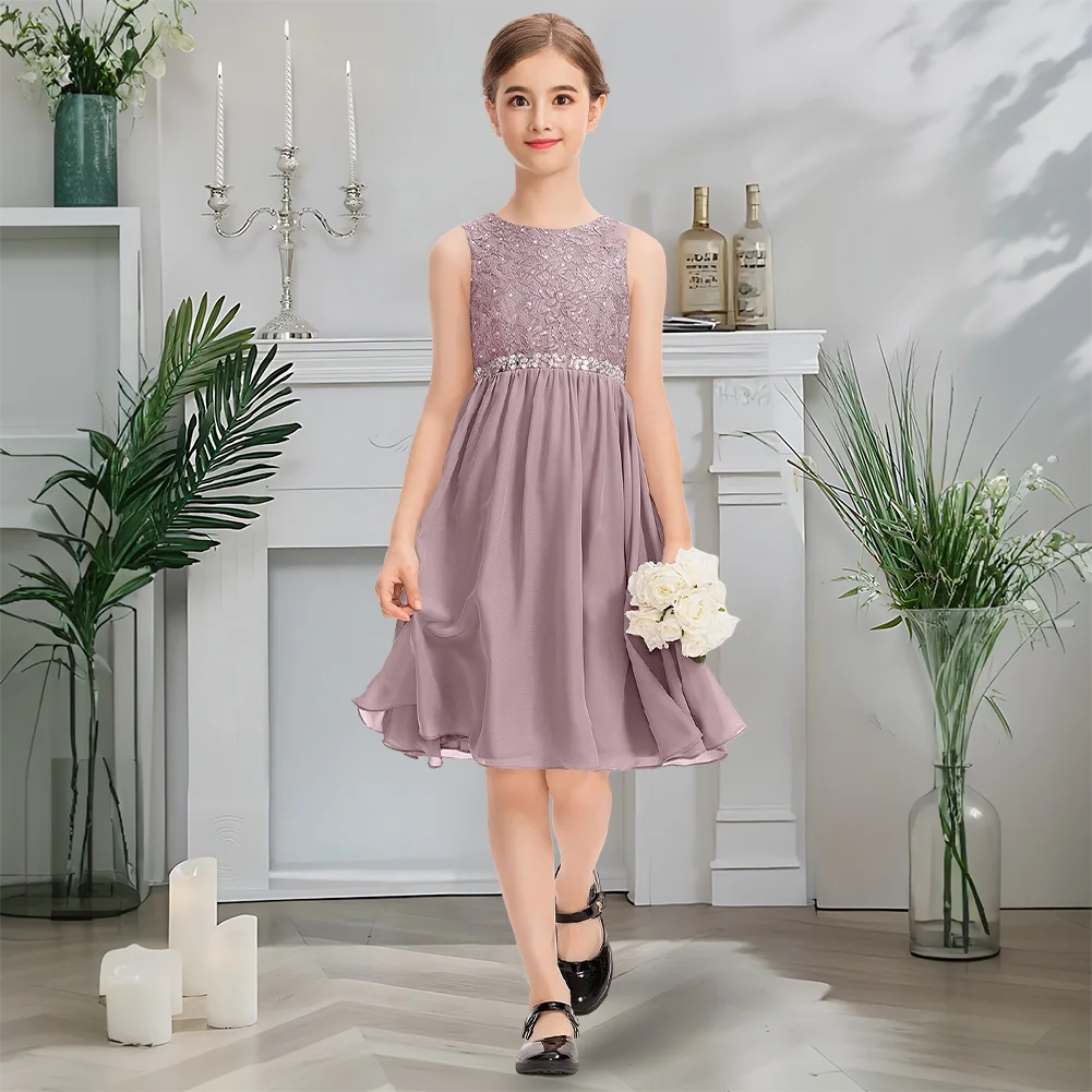 

A-line Scoop Knee-Length Chiffon Lace Junior Bridesmaid Dress with Beading Sleeveless Flower Girl Dress with Back Zip for Summer
