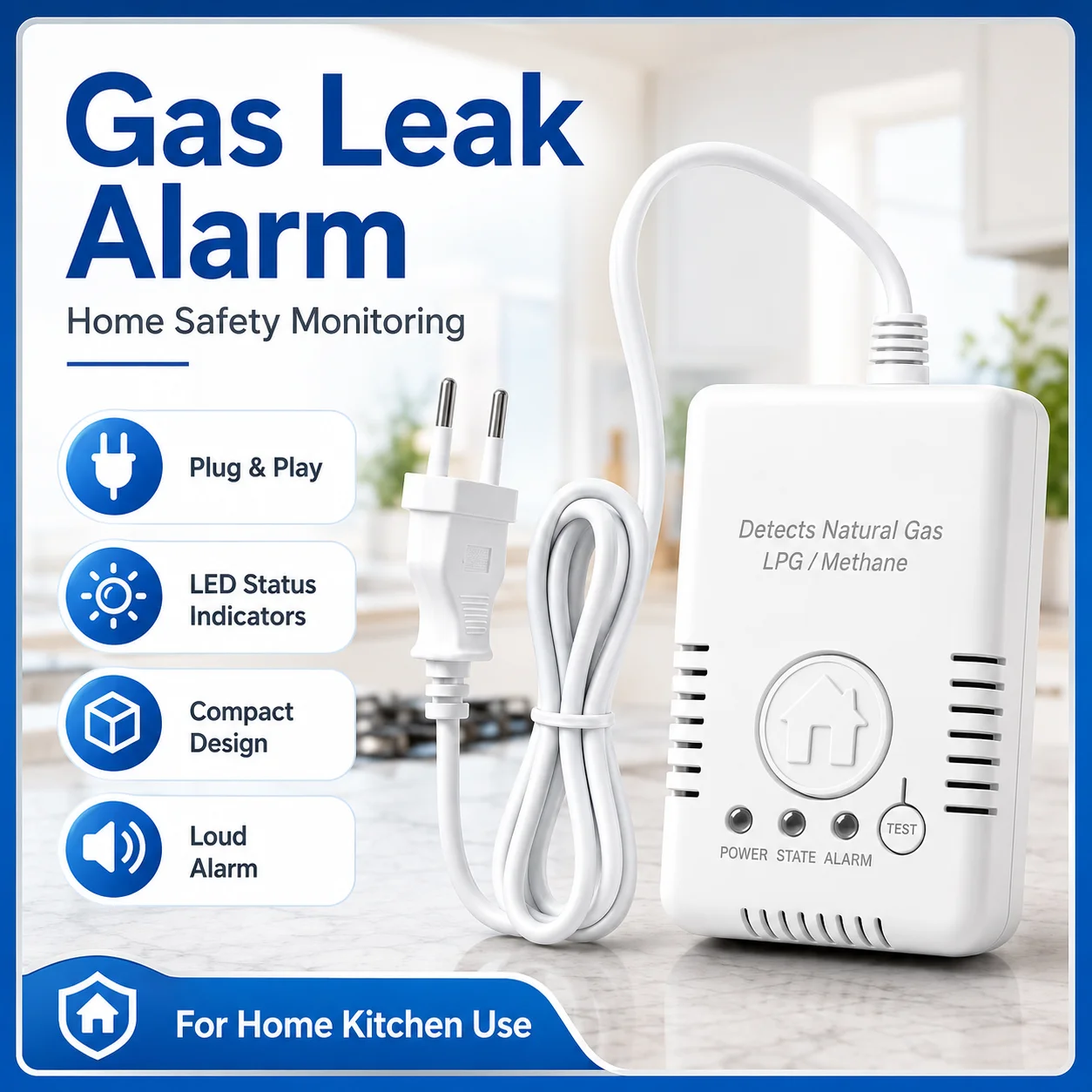 Semiconductor Gas Leak Alarm 85dB Fast Detection EU US Plug 100-250V for Kitchen Home Continuous Safety Monitoring