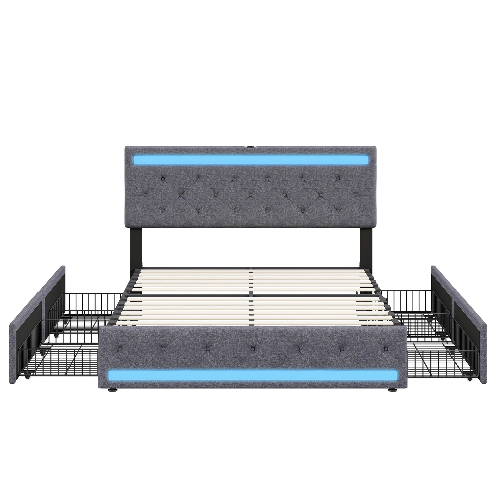 Superaly, 160 x 200 cm Schlafzimmerbett, Doppelbett, Erwachsenenbett, Jugendbett, Bettgestell mit viel Stauraum, Polsterbett mit 4 Metallschubladen, Großes Bett für Schlafzimmer, Großes Bett für