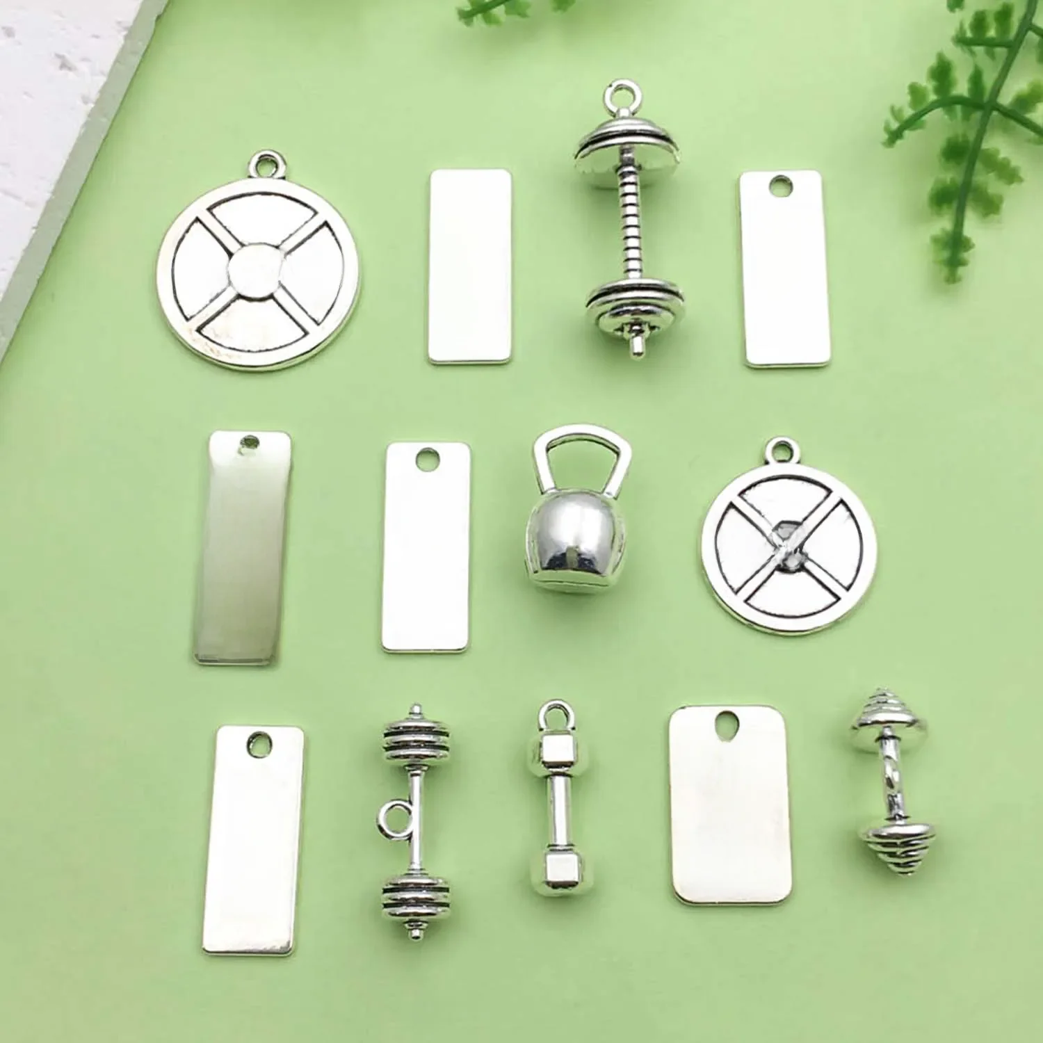 10/13 sztuk antyczne srebro sprzęt fitness Charms stop podnoszenie ciężarów, wisiorki z hantlami dla majsterkowiczów akcesoria do wyrobu biżuterii — zdjęcie 2