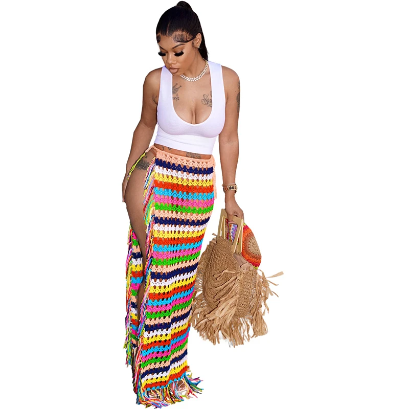 Colorful Hand Crochet Tassel Maxi Skirts Women Fashion Sexy Side High Split Knitted Long Beach Cover Ups Casual Petticoats