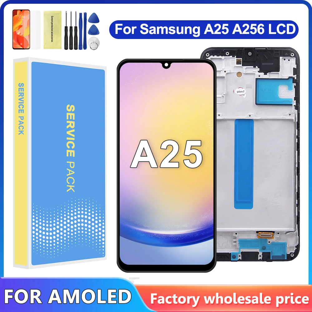 

AMOLED с рамкой для Samsung A25 5G, дигитайзер сенсорного экрана, ЖК-дисплей в сборе для Samsung A25 A256 A256E A256B A256U ЖК-дисплей