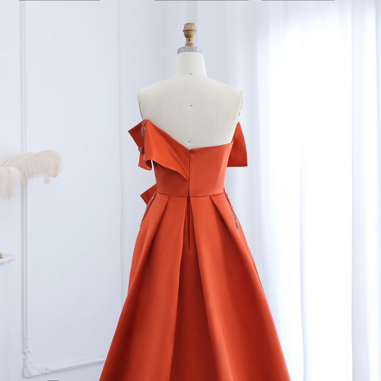 Sharon Said Luxury Orange Satin Dubai Evening Dress Off Shoulder Short Front Long Back for Wedding Party Gowns SS338 Customized