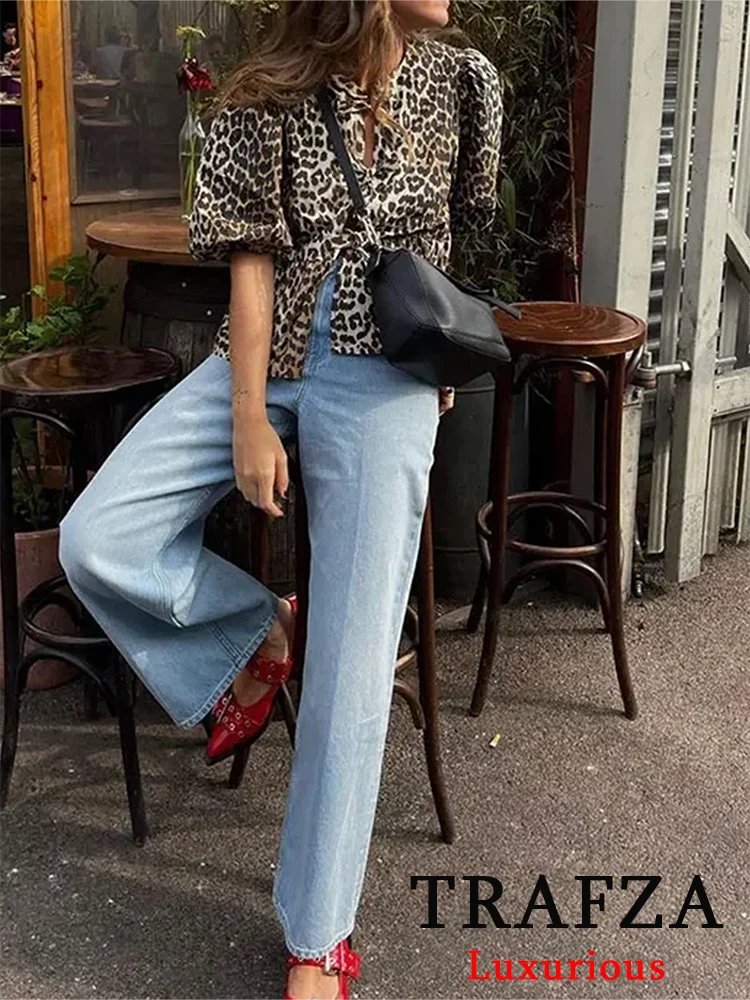 TRAFZA Casual Leopard Print Shirts Women O Neck Short Puff Sleeve Bow Tie Loose Shirts Fashion 2024 Summer Autumn Streetwear Top