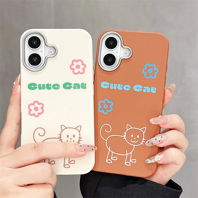 Cute Hand-painted Cat Phone Case For iPhone 16 Pro 15 14 11 12 13 Pro Max Cover Shockproof Silicone Cartoon Cases For Apple 14P