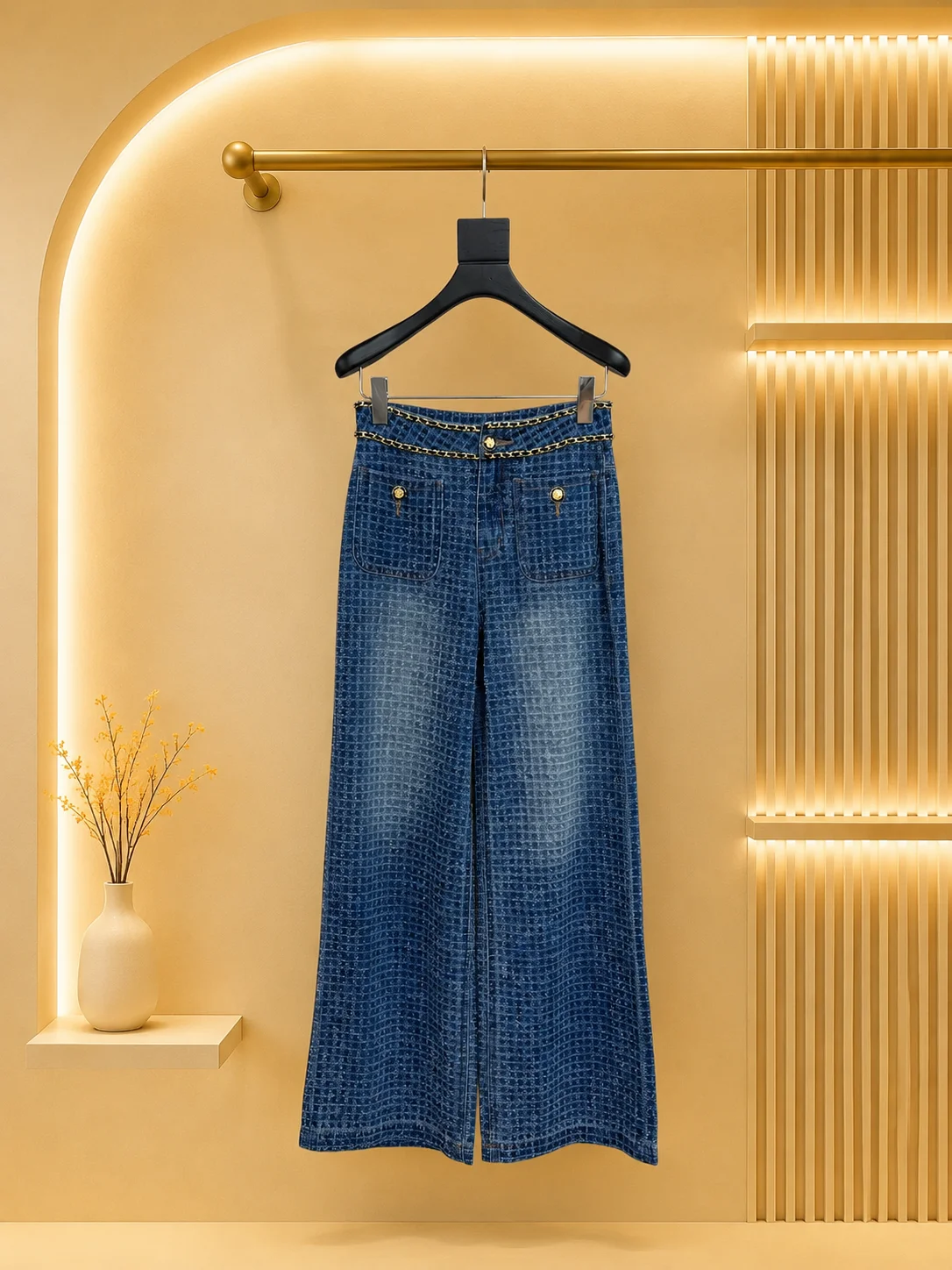 2026 Women Jeans High‑Rise Wide‑Leg Cut 3D Hook‑Flower Craft Metal Chain Trims Lion‑Head Metal Buttons