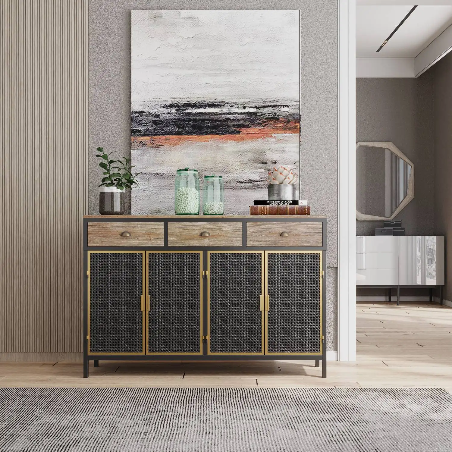 

47.64" Wide 2 Doors Modern Sideboard with 3 Top Drawers, Freestanding Sideboard Storage Cabinet Entryway Floor Cabinet