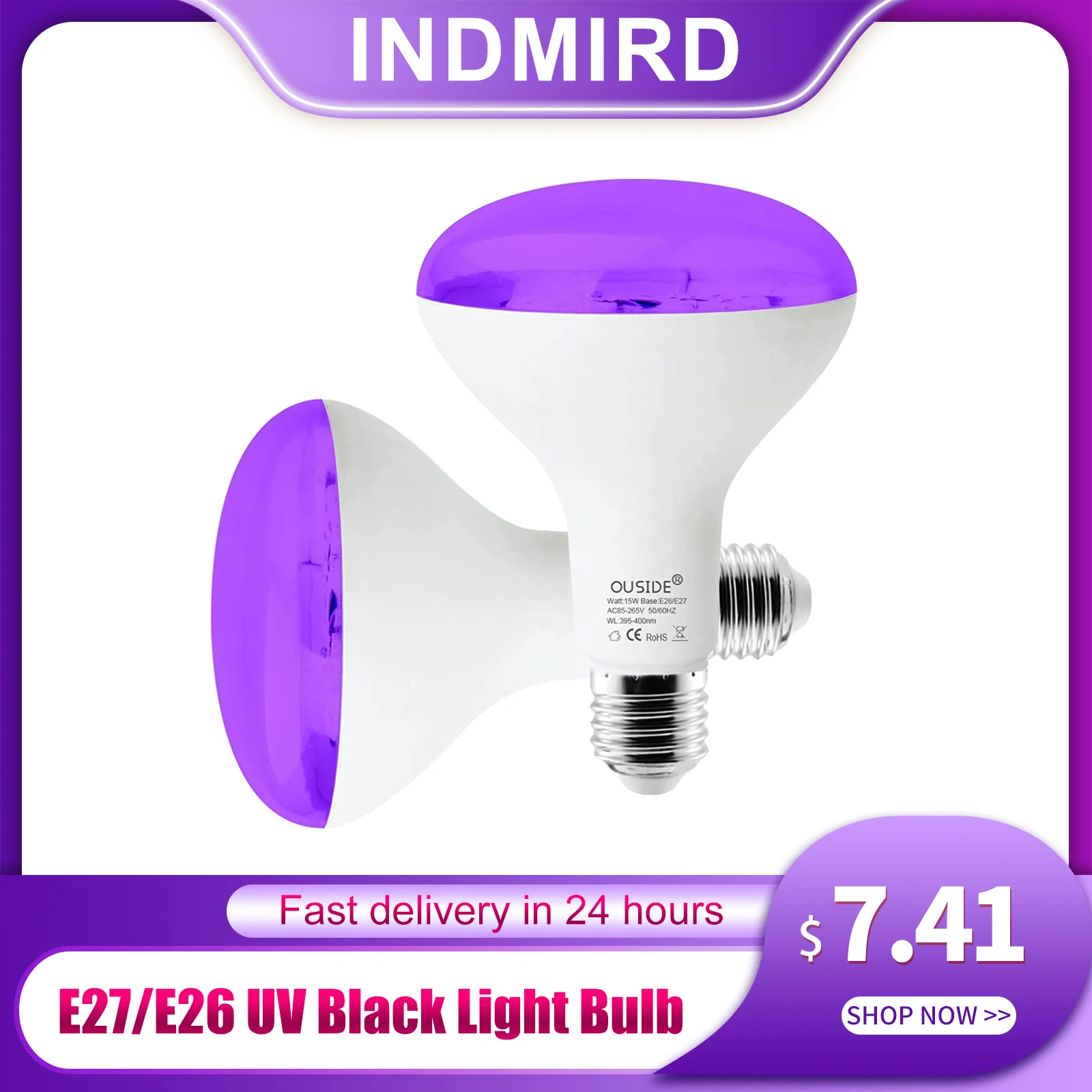 INDMIRD UV Black Light Bulb,E27/26 UV Bulb 15W Light Bulbs,395-400nm Black Light Lamp UV-A Blacklight Bulb Purple Light Lighting