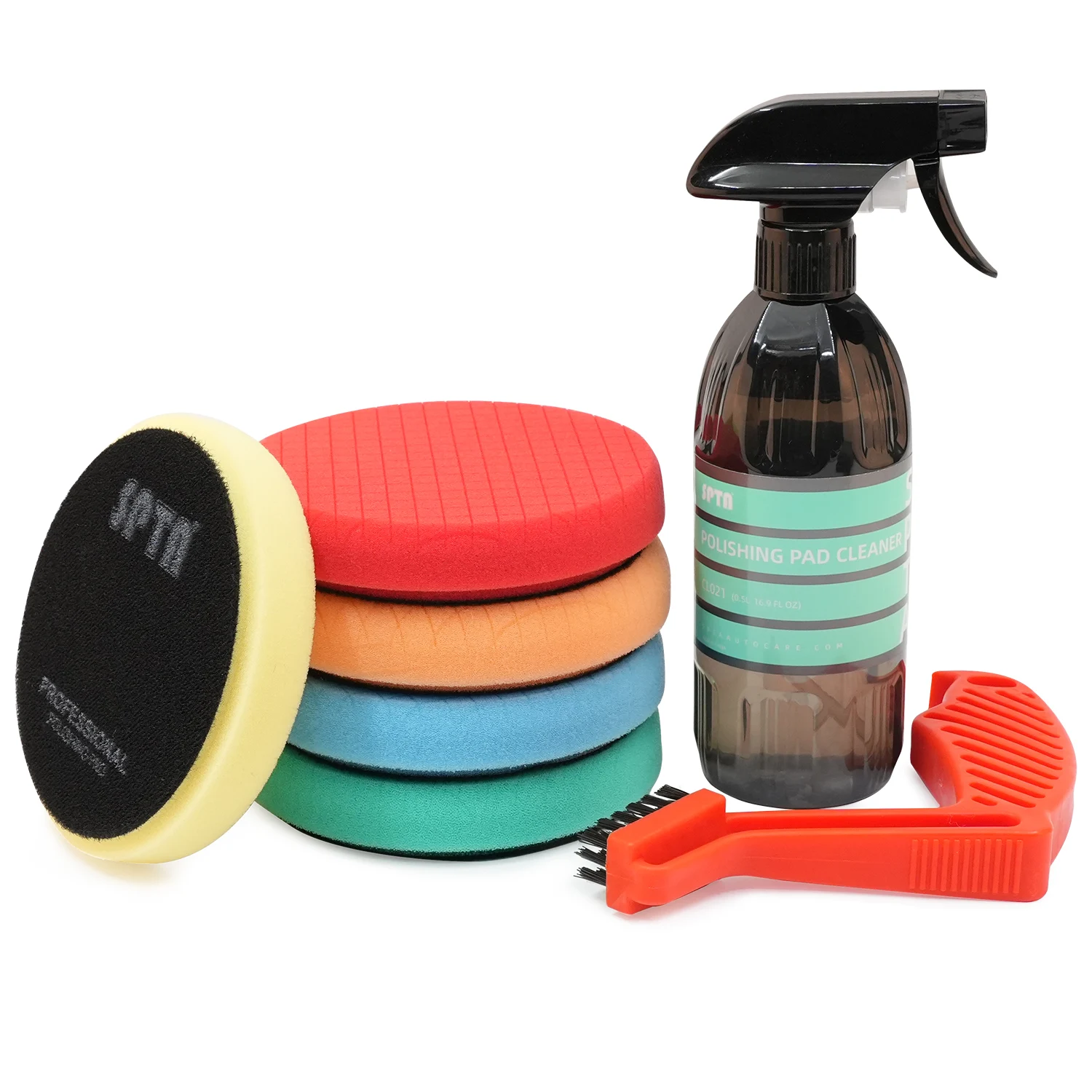 SPTA 7Pcs Polishing Pads Kit with 5Pcs 3/5/6/7 Inch Backing Plate Mix Cutting Force Buffing Pads Cutting Polishing Pad with 16oz Cleaner and Brush For Car Buffer Polisher Compounding,Polishing, Waxing