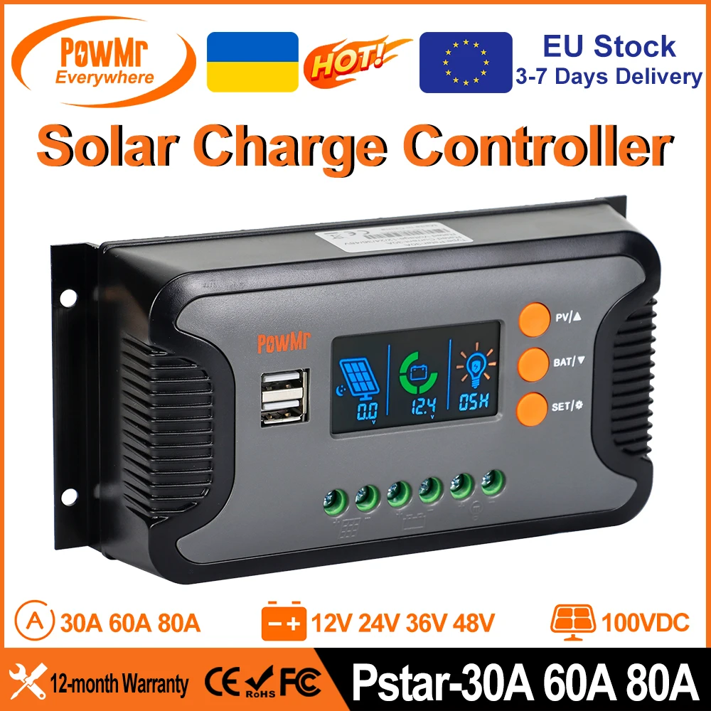 PowMr 30A 60A 80A PWM Solar Charge Controller for 12V 24V 36V 48V Battery With LED Screen USB 5V 2A PV 100V Output Work Sliently