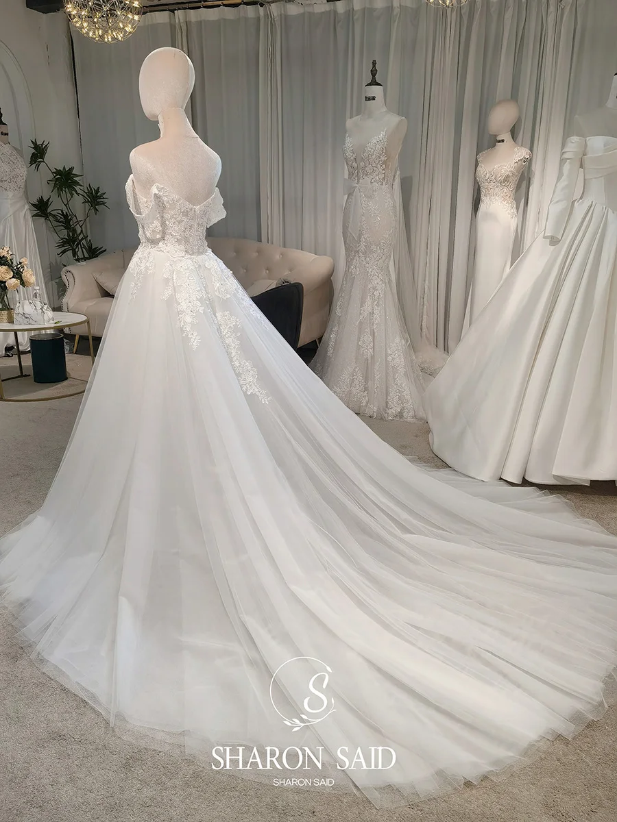 Sharon Said 2025 Gaun Pengantin A-line Tulle Bunga 3D 2025 Gaun Pengantin Sweetheart Tanpa Bahu Elegan AM026 Disesuaikan