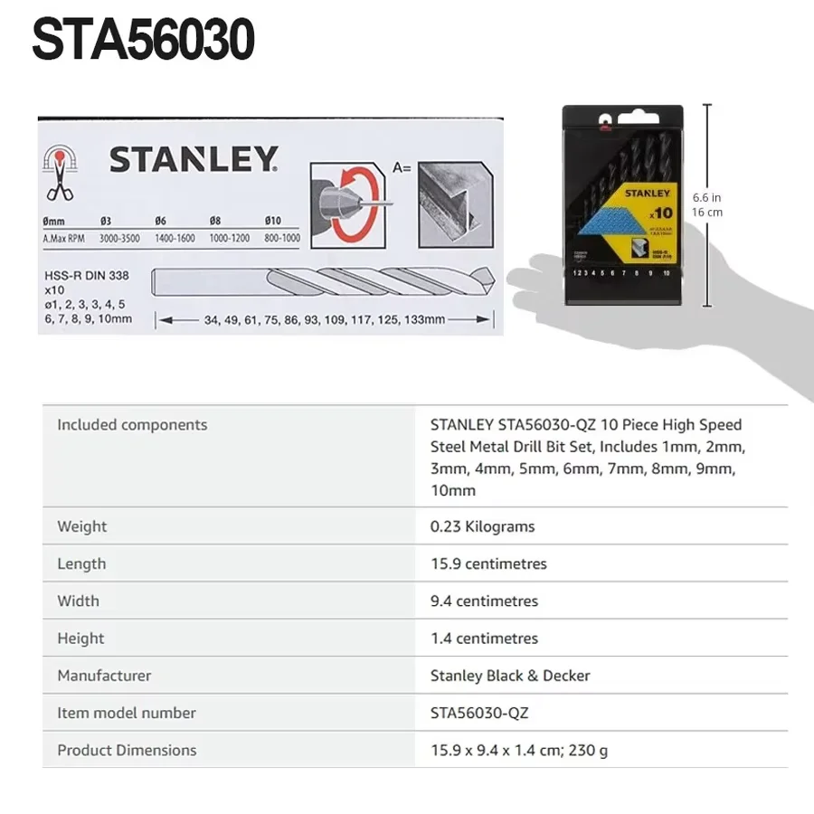 STANLEY STA56030 HSS-R Metal Drill Bit Set 10pcs 1-10mm Stainless Steel Replacement Drill Bit Twist Drill Power Tool Accessories