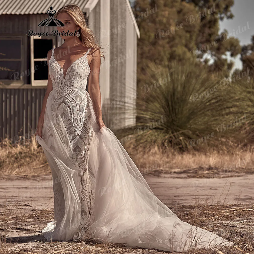 Seksowna sukienka Boho weselny paski Spaghetti z dekoltem w stylu Boho dla kobiet 2024 suknia ślubna z odpinanym trenem vestido noiva cywilna