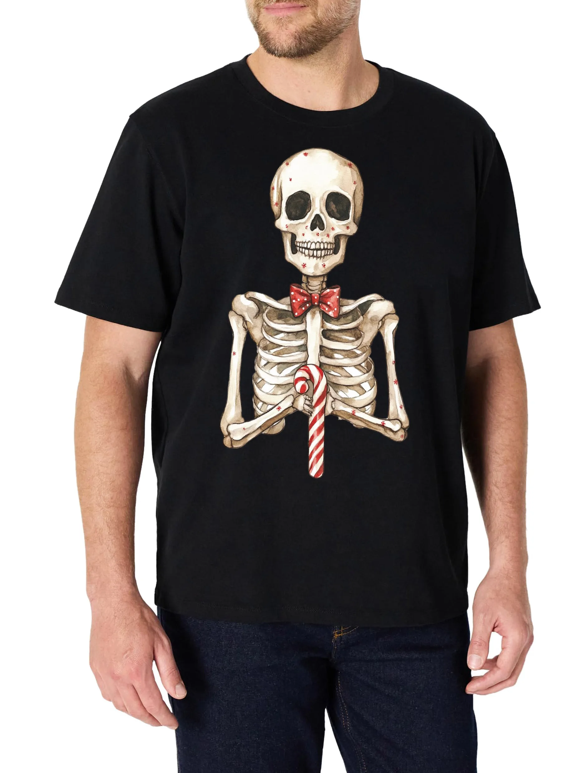

Men's T-Shirt with Skull Print Design, Black Short Sleeve Crew Neck, 100% Cotton