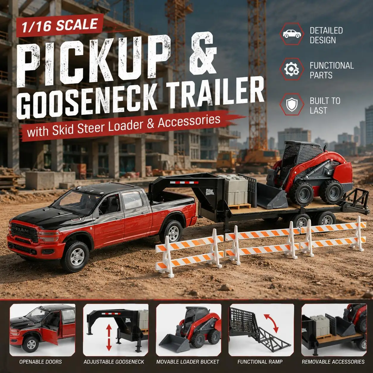 1/16 Scale Farm Vehicle & Utility Equipment Display Set, Detailed Pickup Truck with Compact Loader Model, Metal & Plastic Miniature Collection, Rural Worksite Scene Decor, Agricultural Equipment Replica, Desktop Showcase Piece, Hobby Display Model,