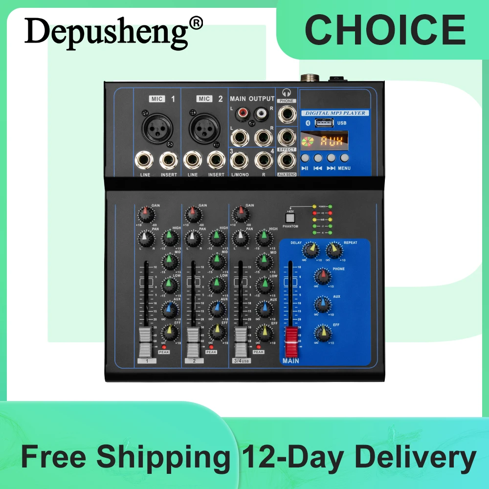 Depusheng FD4 Professional Audio Mixer with 4 Channels Portable DJ Mixing Console With USB Interface for Performance