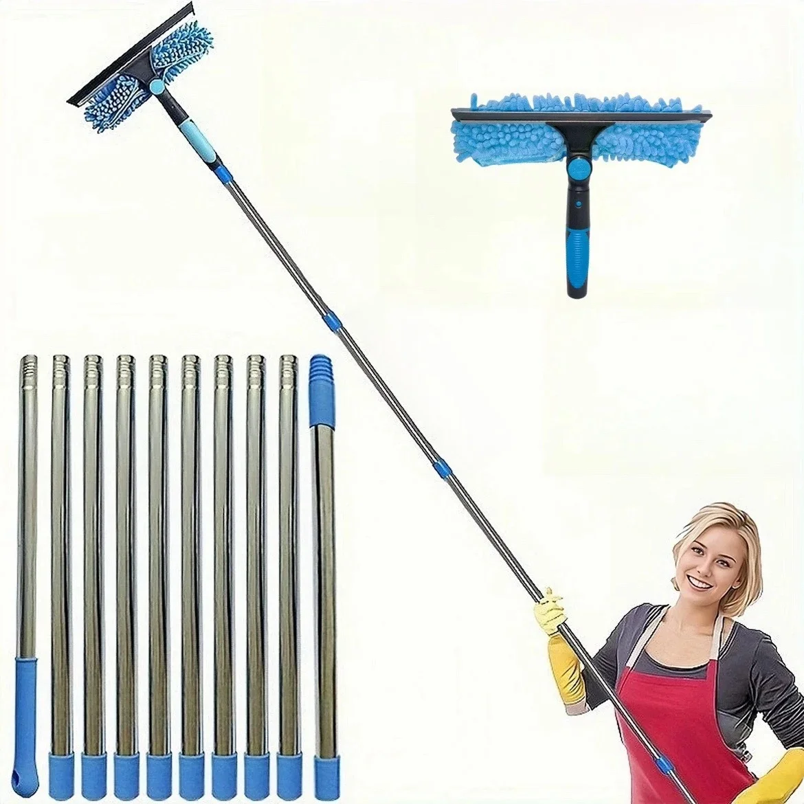 Uitgebreide raamreinigingsset 2-in-1 dubbelzijdige glazen zuigmondreiniger Duster Mop 180 °   Draaibaar gereedschap voor het reinigen van ramen - afbeelding 2