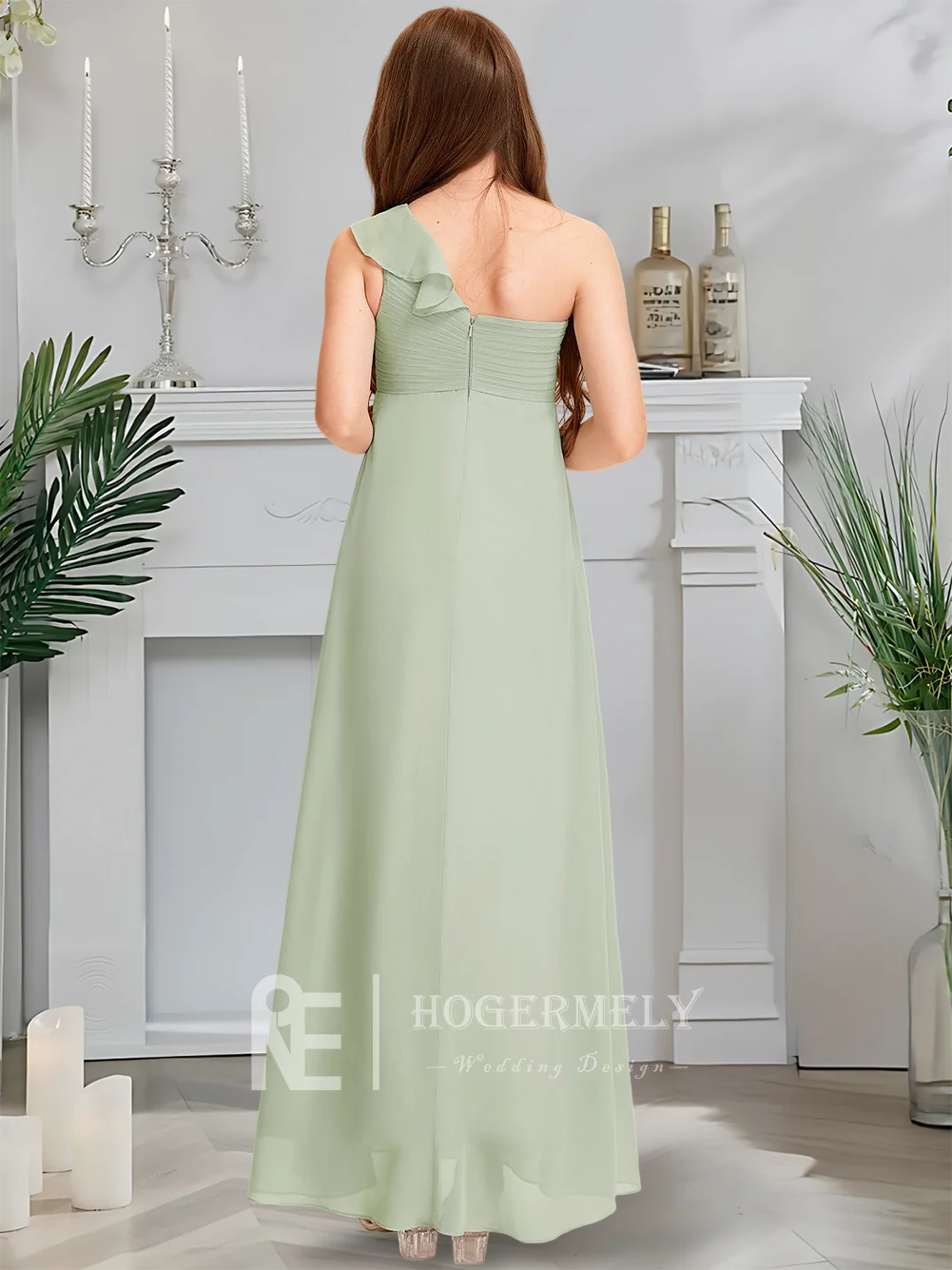 หรูหราหนึ่งไหล่ชุดเพื่อนเจ้าสาวจูเนียร์ Twilight Mauve ดอกไม้สาวชุดยาวชีฟอง Cascading Ruffles งานแต่งงาน