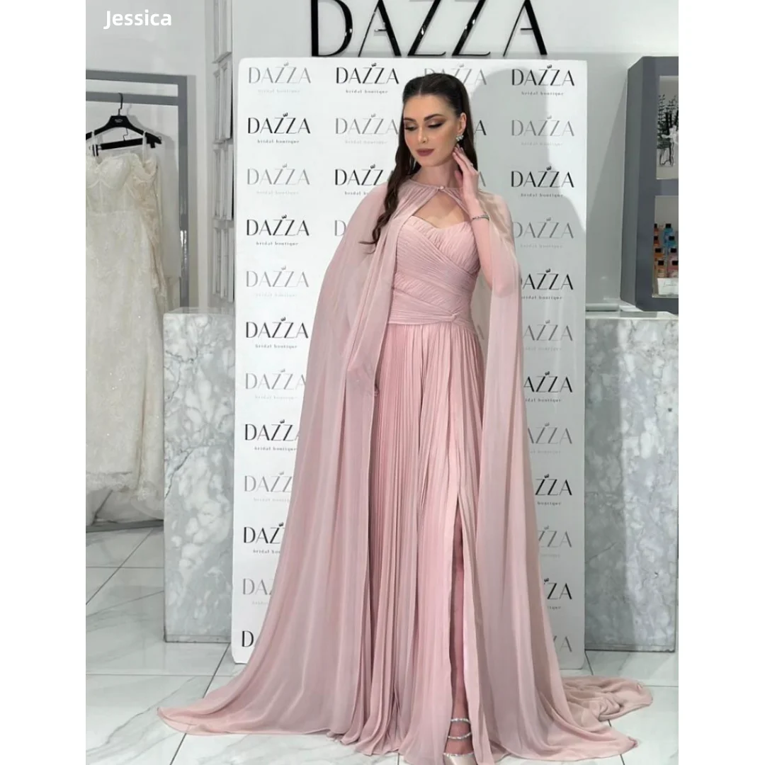 

Jessica Pleated Chiffon Evening Dresses Pink Cape Prom Dresses Elegant Ladies Formal Occasions Vestidos De Fiesta Customized