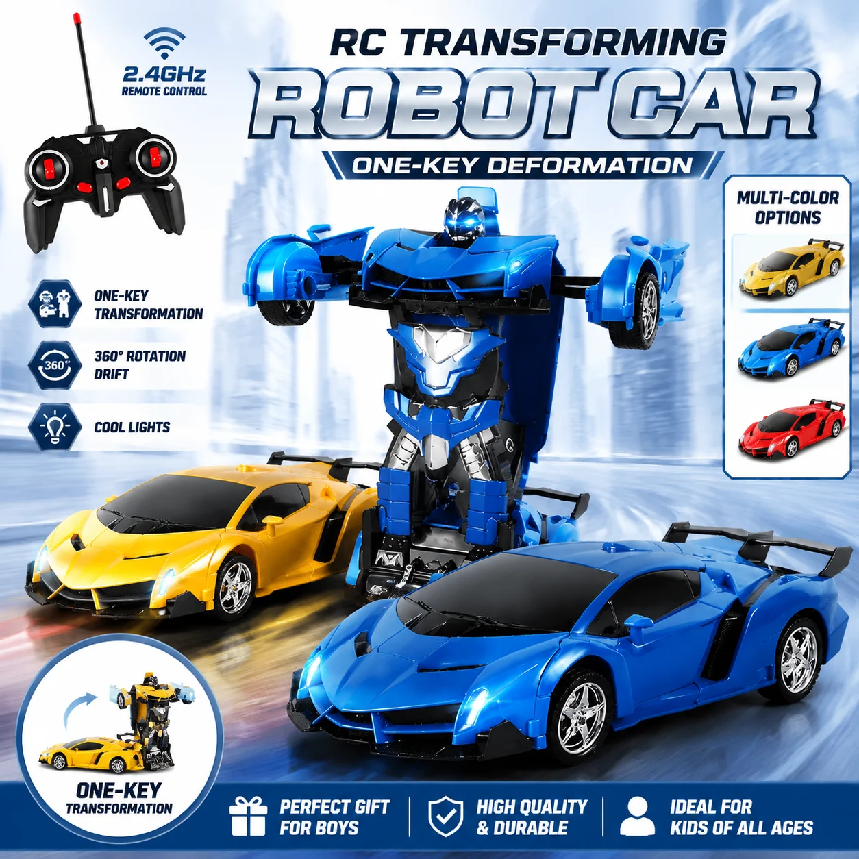 RC Transforming Robot Car Toy for Boys,  Remote Control Deformation Car with One-Key Transformation, 360° Rotation Drift,