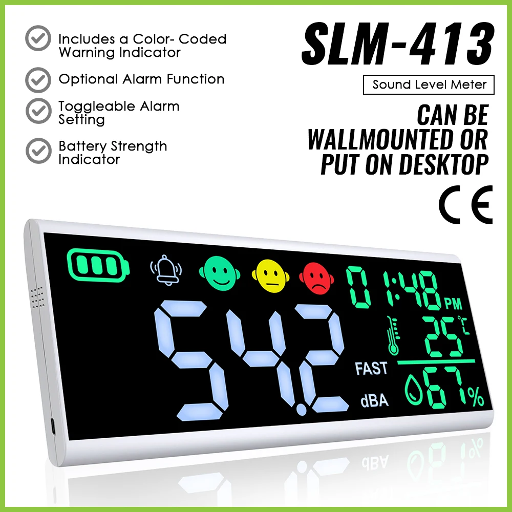 

Digital Wall-mounted Desktop Sound Level Noise Decibel Meter with 13" Colored Screen 30~130dB Range Clock Display