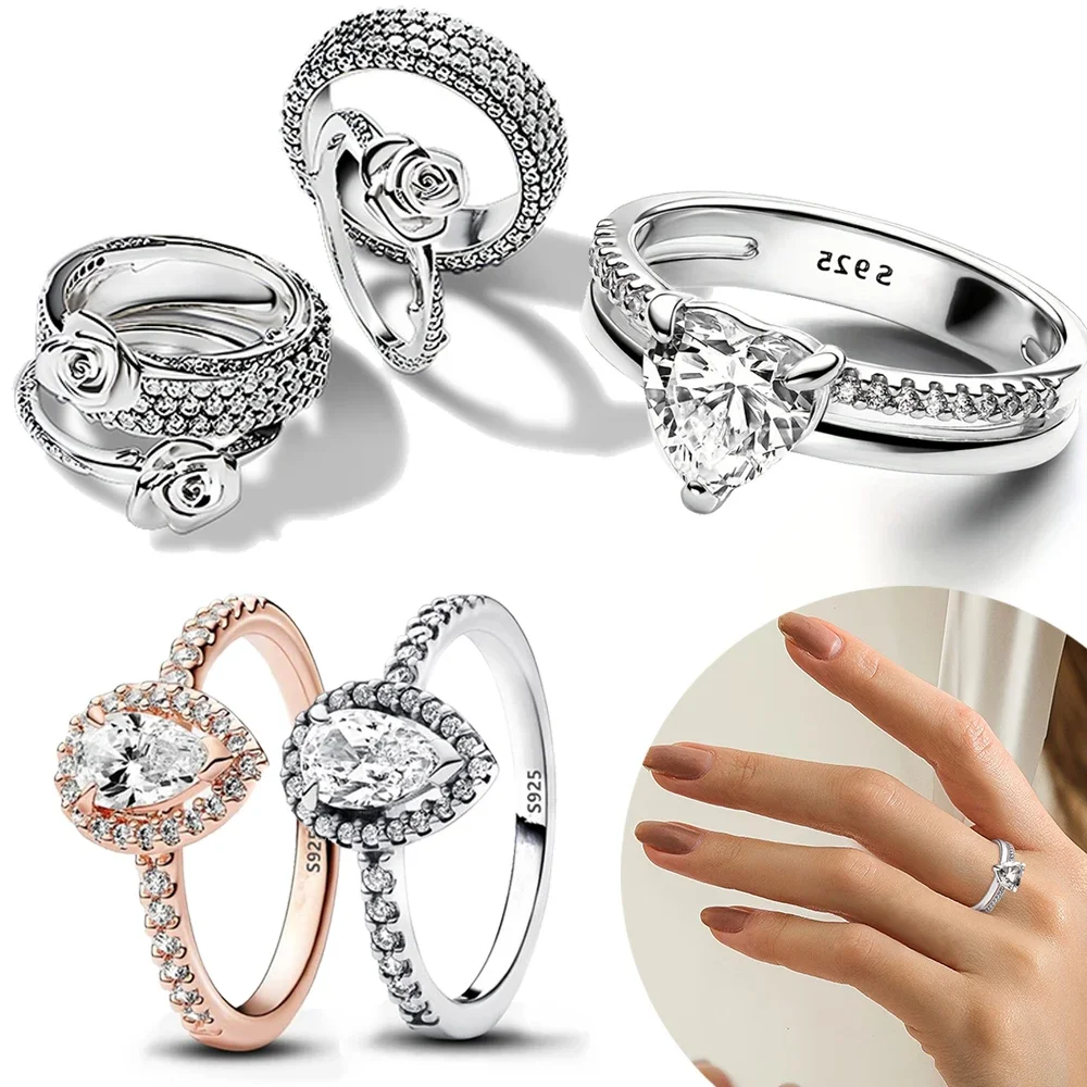 925 Sterling Silver Double Band Anel de Coração para Mulheres, CZ Zircão Cúbico, Estrela, Lua, Flor,