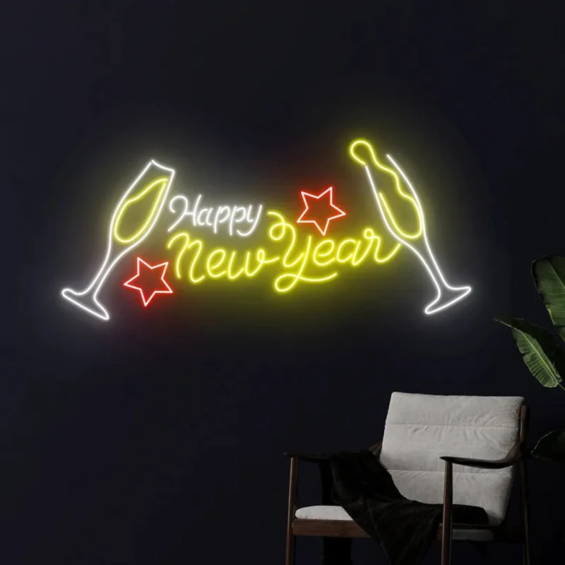 Happy New Year Neon Sign, Happy New Year Led Sign, Champagne Cheer Neon Light, Christmas Led Light, Holiday Celebrate Room Decor