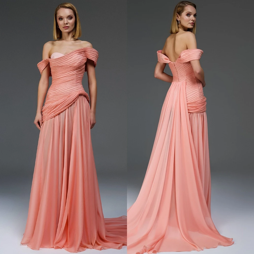 Customized Temperament Chiffon Evening Dress Elegant Boat Neck Appliques Prom Dresses Sexy Sweep Train Special Occasion Gowns