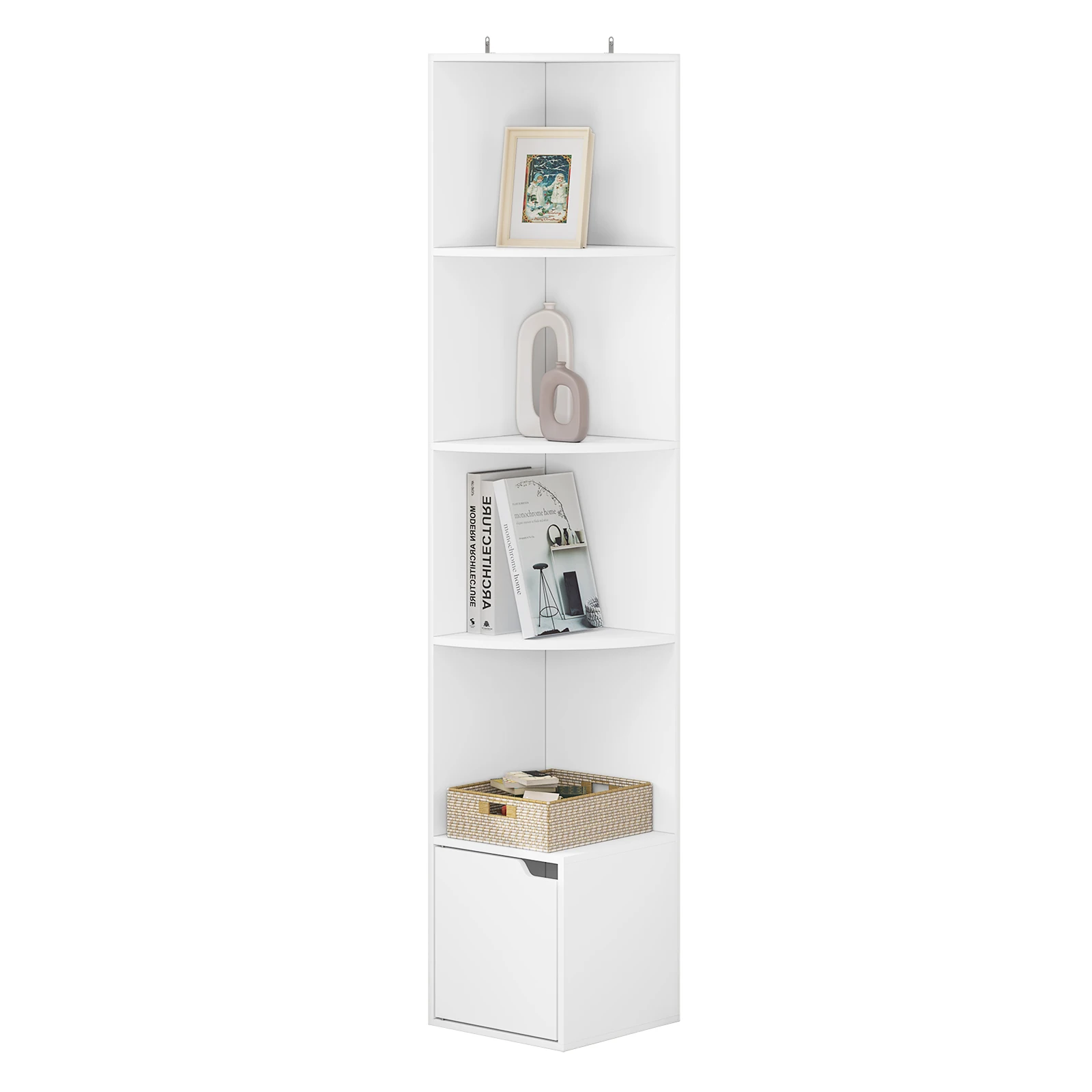 WOLTU 5 Tier Bookcase Standing Corner Shelf Storage White Bookshelf 1 Cupboard with Door for Study Bedroom Living Room Office