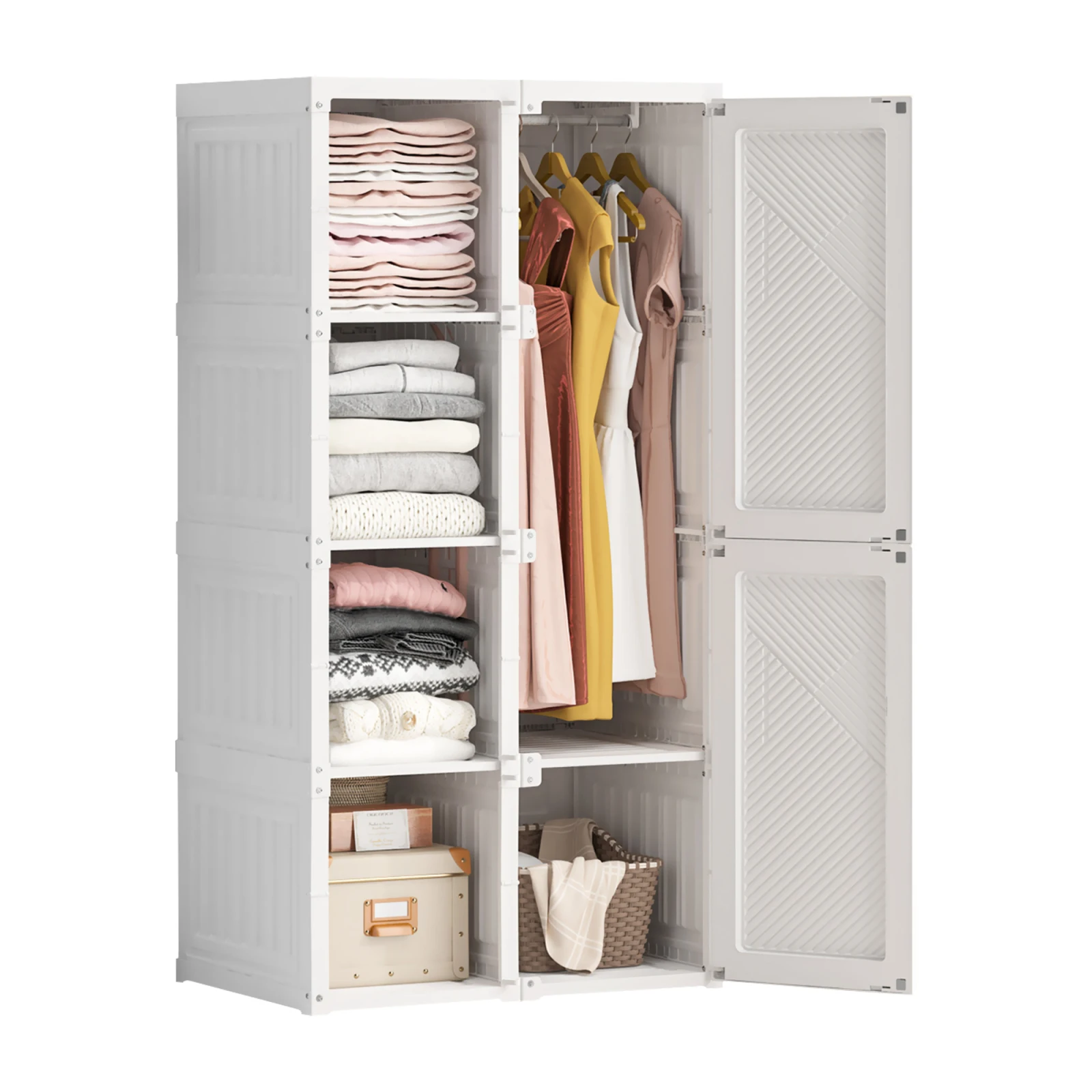 Portable Closet Wardrobe with Hanging Rod, Bedroom Armoire Cube Storage Organizer with Door, PP, White