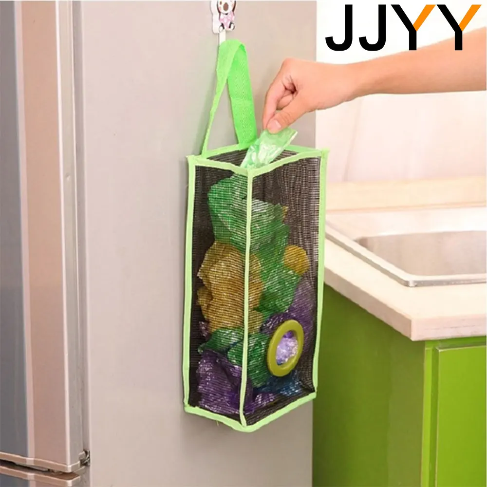 JJYY Grocery Bags Holder Organizer Trash Bag Hanging Storage Mesh Dispenser Kitchen Reusable Garbage Bag Wall Mount