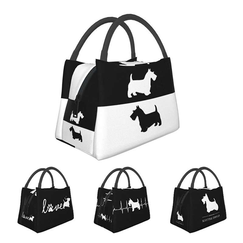 Black And White Scottish Terrier Thermal Insulated Lunch Bag Women Scottie Dog Lunch Container for Work Travel Meal Food Box