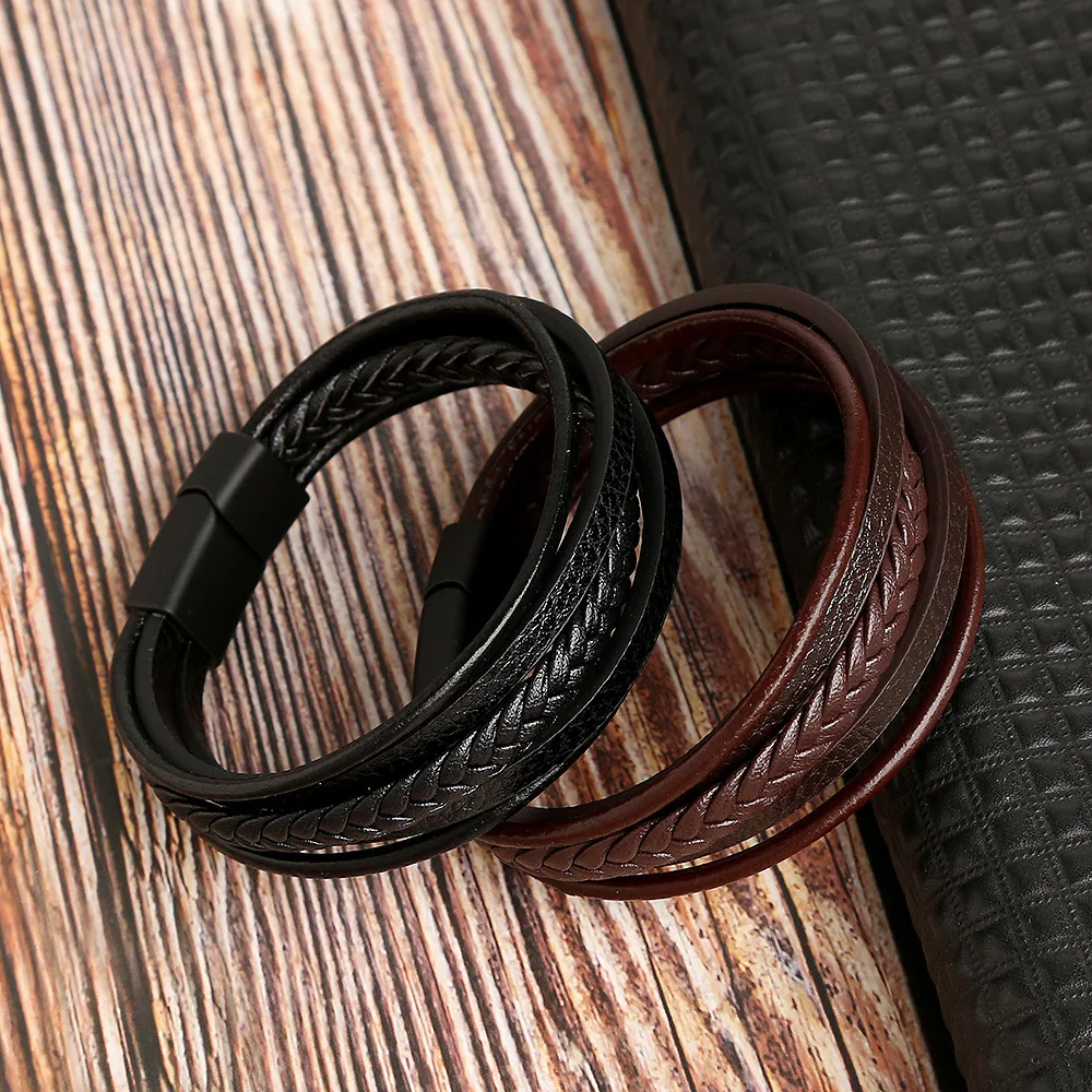 Vintage Men\'S Multi-Layered Leather Stainless Steel Alloy Clasp Bracelet-Boy Gift